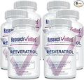 Research Verified Resveratrol - 98% Trans-Resveratrol 1000 mg, Anti-Aging Support - 60 Capsules per Bottle - 6 Bottles