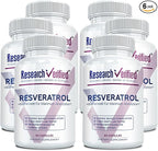 Research Verified Resveratrol - 98% Trans-Resveratrol 1000 mg, Anti-Aging Support - 60 Capsules per Bottle - 6 Bottles