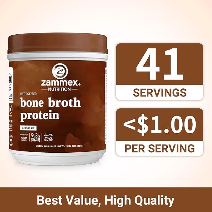 Zammex Bone Broth Protein Powder, Pure Grass Fed Beef, Chocolate Protein Powder,Hydrolyzed Collagen Supplement for Healthy Skin,Nails,Hair,Joints, Non-GMO,Gluten Free, Great in Shakes