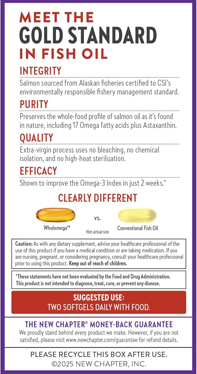 New Chapter Wholemega Fish Oil Supplement - 2000mg per Serving, Clinically Proven Wild Alaskan Salmon Oil with Omega-3 + Vitamin D3 + Astaxanthin, 180 Softgels