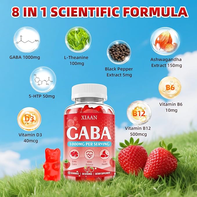 GABA Gummies 1000mg for Kids & Adults, Chewable GABA Supplements with L Theanine 5-HTP Ashwagandha Vitamins B6,B12,D3 for Calm & Zzz, Sugar-Free/Vegan, Strawberry Flavor 120 Count