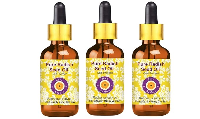 Deve Herbes Pure Radish Seed Oil (Raphanus sativus) with Glass Dropper Cold Pressed (Pack of Three)100ml X 3 (10 oz)