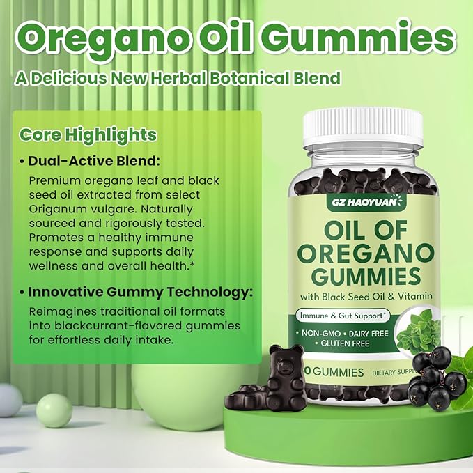 Oil of Oregano Gummies with Black Seed Oil + Vitamin D3, Oregano Oil High Carvacrol, Immune & Digestive Support, Antioxidant Support, 120 Gummies