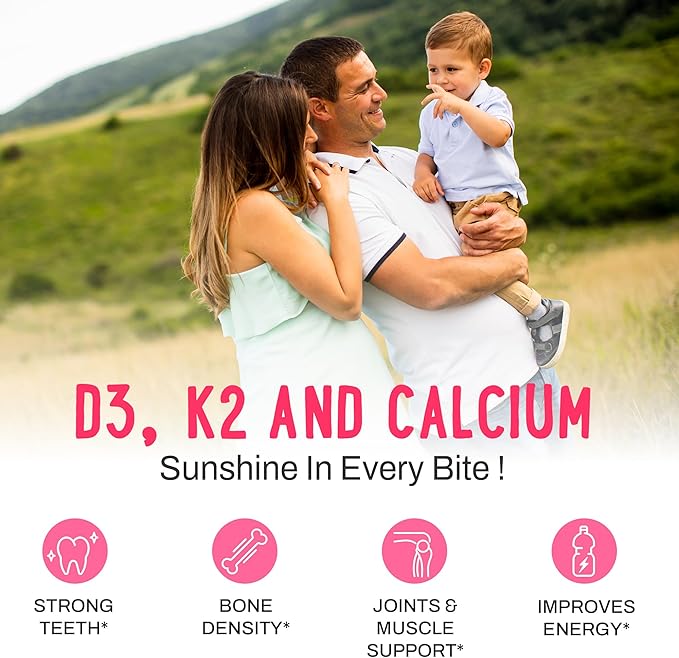 OH MY CHEWY Double-Flavored Vitamin D3 K2 & Calcium Fluffy Gummies - Supplement for Healthy Teeth, Bone & Energy - 5000 IU D3, 120 mcg K2(MK-7), 120 mg CA - Vegan & Non-GMO - 60 Count