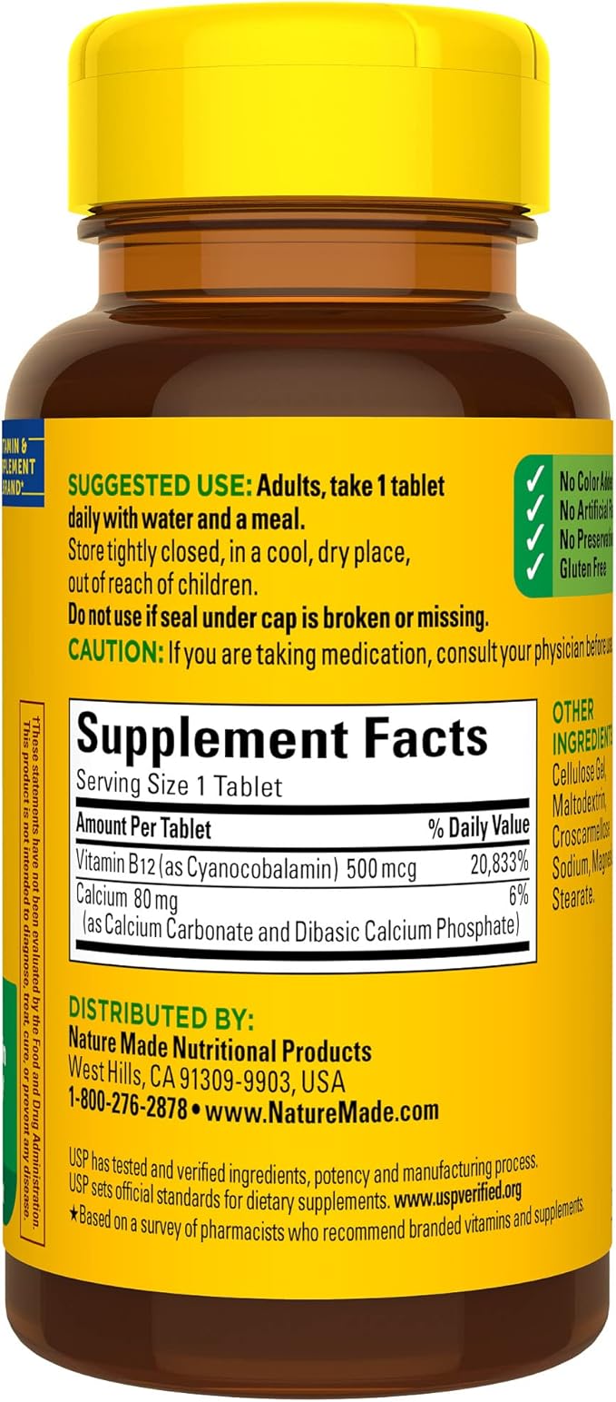 Nature Made Vitamin B12 500 mcg, Dietary Supplement for Energy Metabolism Support, B12 Vitamins 500 mcg, 100 Tablets, 100 Day Supply