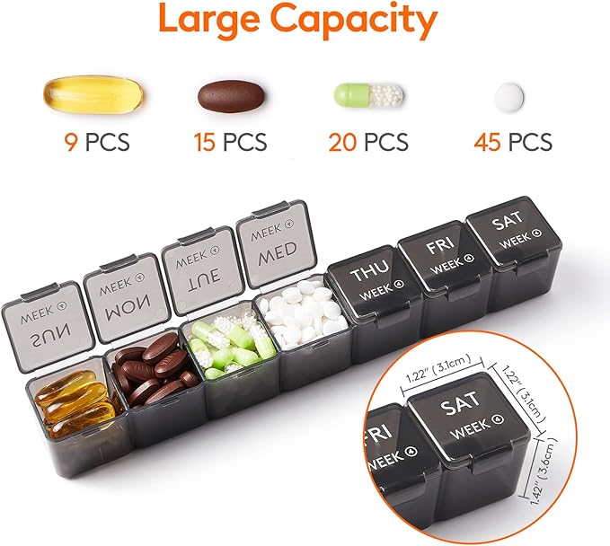 Lifewit Monthly Pill Organizer, 28 Day Pill Box, 4 Weeks One Month Vitamin Cases, Large Compartments Medicine Organizer for Fish Oils, Supplements, 56 Grids, Black