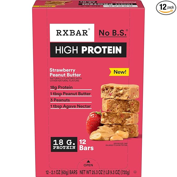 RXBAR High Protein Bars, Gluten Free, Protein Snacks, Strawberry Peanut Butter, 25.3oz Box (12 Bars)