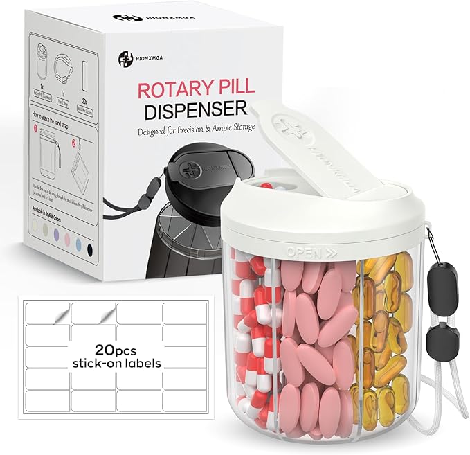 Hionxmga Pill Dispenser with 7 Large Compartments, 4.4" H x 3.6" Dia Pill Bottle Organizer for Travel, Supplement Organizer with Anti-Mixing Design, BPA-Free Pill Container with 20 Pcs Labels, Beige