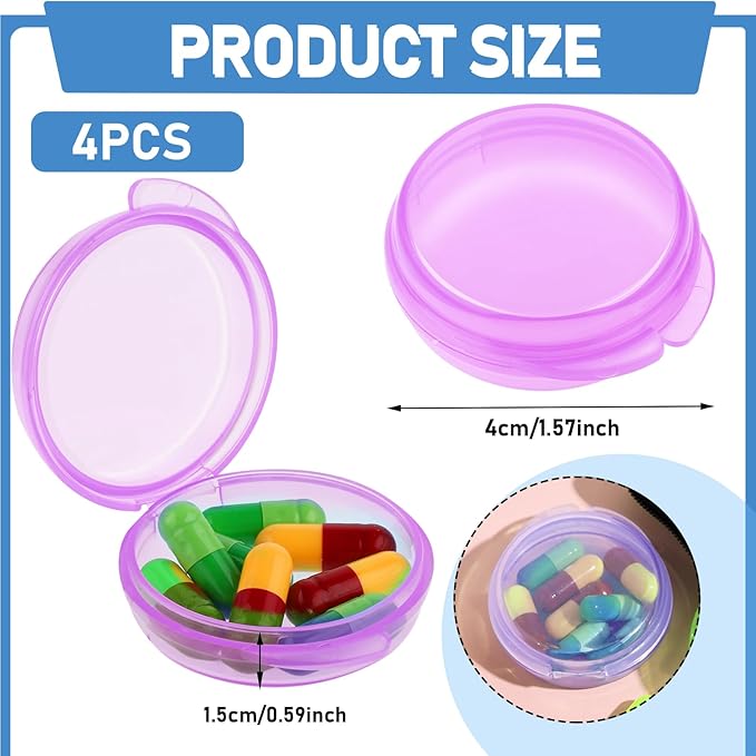 4 Pcs Mini Pill Organizer Small Pill Box Cute Portable Pill Case for Pocket Purse Travel Storage Containers Earplug Case Medicine Dispenser Vitamin Holder (4 Purple)