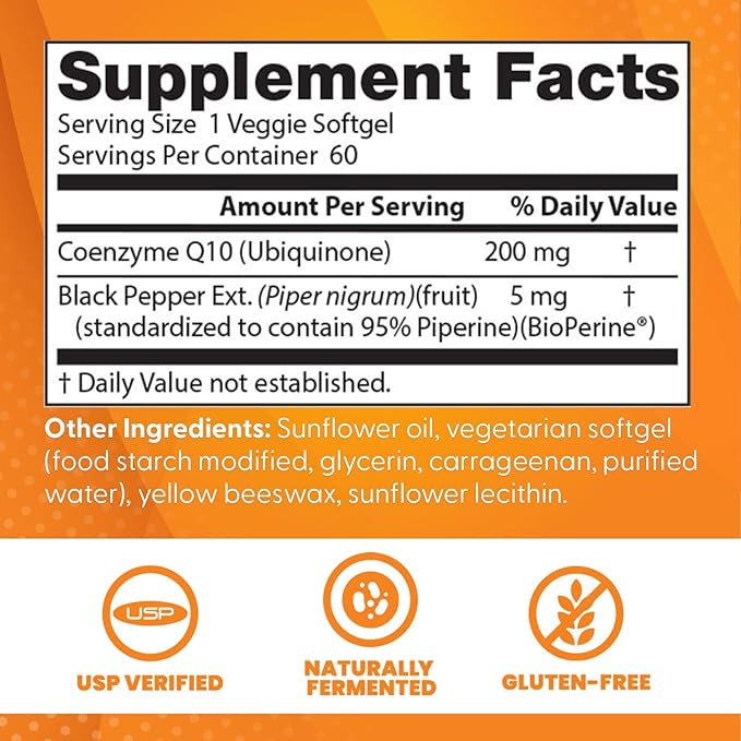 Doctor's Best High Absorption CoQ10 200mg with BioPerine Supplement - Coenzyme Q10 Softgels for Heart Health & Antioxidant Support, CoQ10 200 mg for Women & Men, Non GMO - 60 Veg Softgels