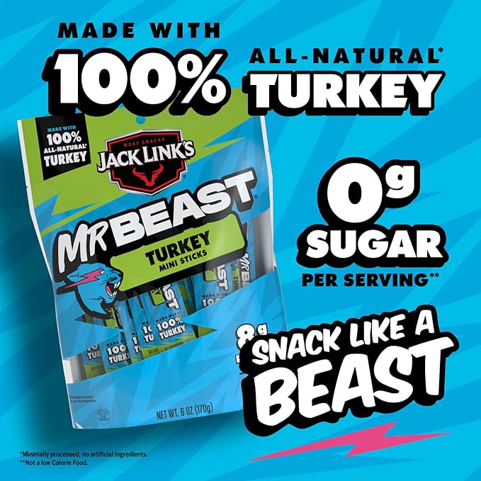 Jack Link’s x MrBeast Turkey Mini Sticks,As Seen on Beast Games,8g Protein,Made with 100% All Natural Turkey,Zero Sugar,Pantry-Ready Snacks,(Pack of 24)