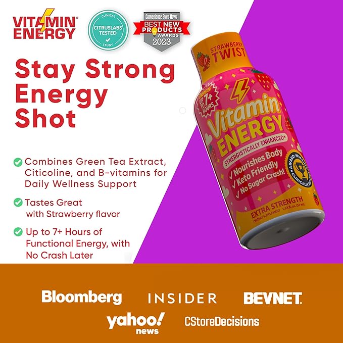 Vitamin Energy Immune+ Extra Strength Energy Shot Strawberry Twist 10 Pack, 260mg Natural Caffeine, B-Vitamins, Citicoline, Green Tea, Immunity & Focus Support, Zero Sugar, Gluten-Free 1.93 fl oz