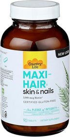 Country Life Maxi-Hair Supplement - 2000mcg Biotin & Vitamins for Hair, Skin & Nails - Certified Gluten-Free & Vegetarian - Supports Hair Growth, 90 Tablets
