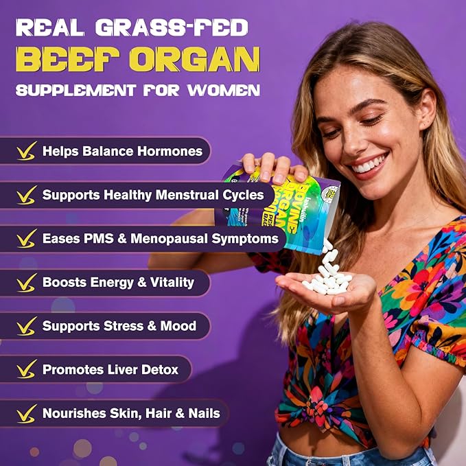 Beef Organ Supplement for Women - 100% Grass Fed Beef Organs with Bovine Liver, Ovary, Uterus, Kidney, Heart & Fallopian Tubes - PMS, Menopause & Energy, Immune & Mood Support, 120 Count
