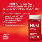 HUM Pro Apple Cider Vinegar Gummies with Probiotics for Digestive Health & Gut Health,100% Organic Apple Cider Vinegar with Mother Gummy Vitamins, Vitamin B12 for Energy Support, 60 ACV Gummies