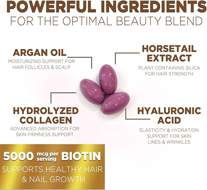 Hair, Skin & Nails Vitamins - Biotin 5000mcg Per Serving - Extra Strength Hair Growth Support For Women with Collagen, Argan Oil - Beautiful Skin, Hair & Nails Supplement - USA Bottled - 120 Softgels