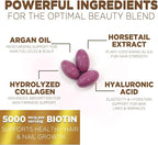 Hair, Skin & Nails Vitamins - Biotin 5000mcg Per Serving - Extra Strength Hair Growth Support For Women with Collagen, Argan Oil - Beautiful Skin, Hair & Nails Supplement - USA Bottled - 60 Softgels