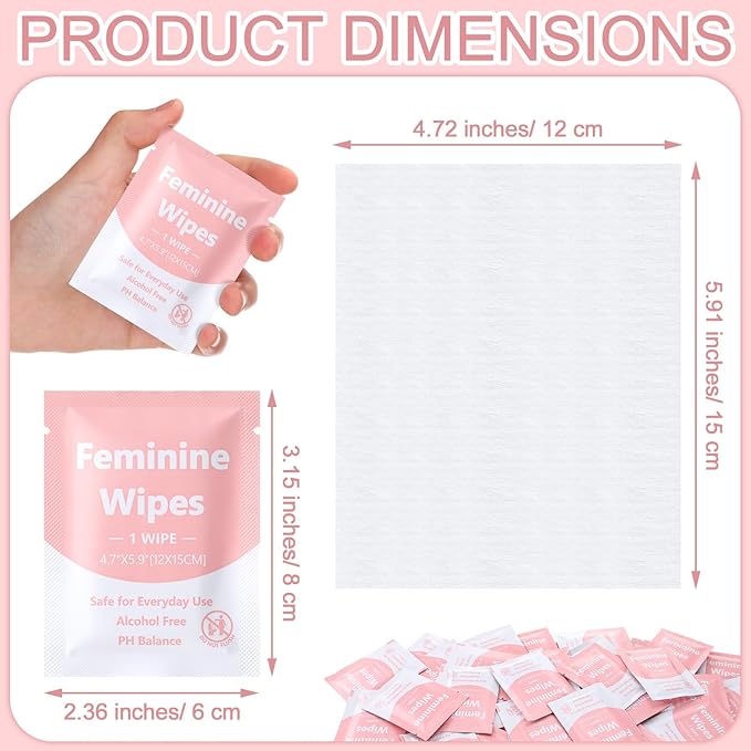 300 Pieces Feminine Wipes Individually Wrapped Women Travel Size Bulk Unscented Intimate Wipes Mild Private Parts Ph Balanced for Travel Bathroom Toilet Daily(Pink)