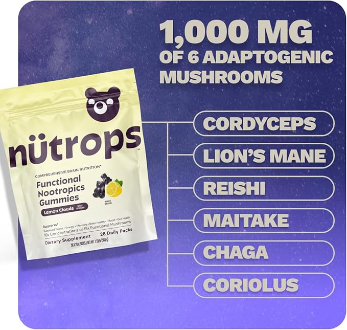 Grüns Nutrops Lions Mane Mushroom Gummies for Adults, Functional Nootropics, Herbal Brain Supplement for Energy, Brain Health, Cognitive, Memory & Focus, Reishi, Chaga, Cordyceps, Coriolus, 28 Count