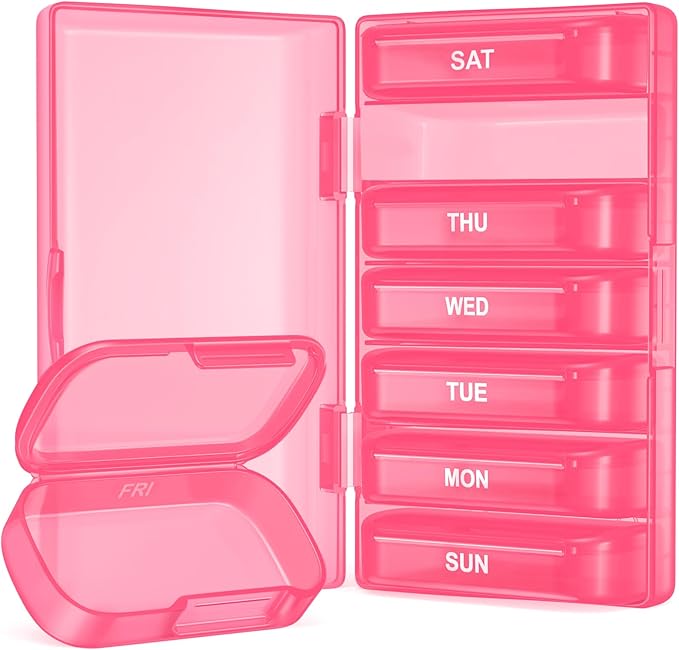 AMOOS Enlarged Weekly Pill Organizer, 7 Day Pill Box Cases Easy to Open, BPA-Free Medicine Organizer with 7 Inner Separate Pill Container for Vitamins, Fish Oils, Supplements