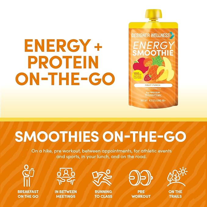 Designer Wellness Energy Smoothie, Real Fruit, 100mg Natural Caffeine, 5g Protein, Low Carb, Zero Added Sugar, Gluten-Free, Fruit Punch, 12 Count
