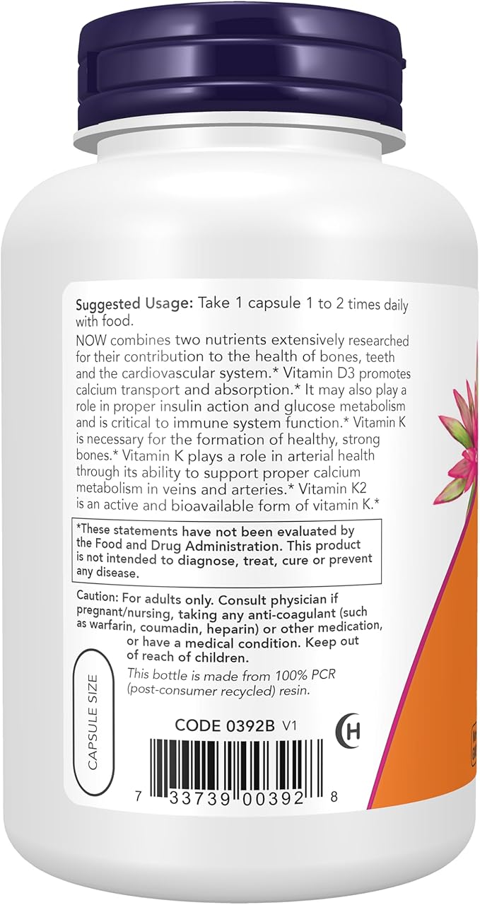 Now Supplements, Vitamin D3 & K2, 1,000 IU/45 mcg, Plus Cardiovascular Support*, Supports Bone Health*, 240 Veg Capsules