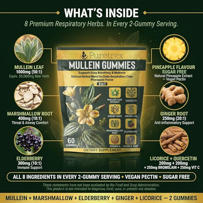 Mullein Gummies, 8-in-1 Natural Herbal Blend, Pineapple Flavor, 60 Count, Respiratory Support Supplement with Elderberry, Vitamin C, Ginger Root