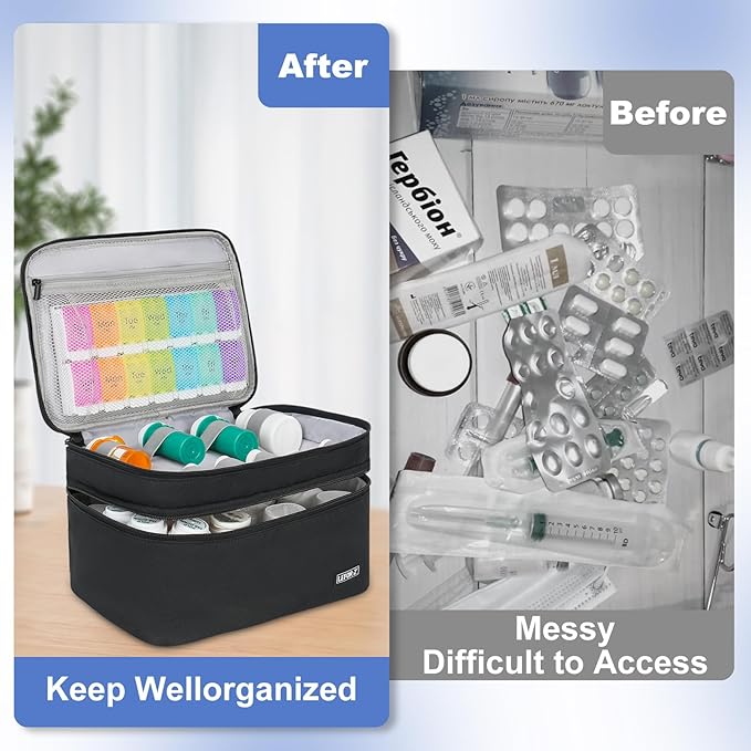 LEFOR·Z Medicine Storage Bag,Double Layers Pill Bottle Organizer Bag Empty with Lockable Zipper&Adjustable Divider,Medication Travel Carrying Bag for Pills,Vitamins,Medical Supplies
