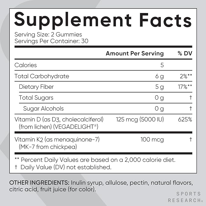 Sports Research® Vegan Vitamin D3 + K2 Sugar-Free Gummies - 125mcg (5000iu) Vitamin D w/ 100mcg Mk7 Vitamin K - Supports Bone & Immune Health* - Vegan Certified · Non-GMO · Soy Free - 60 Count