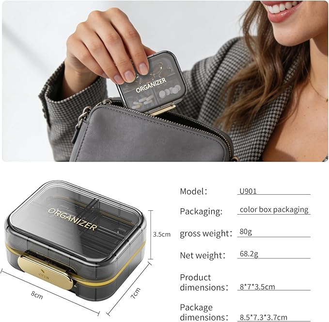 Travel Pill Organizer, Waterproof Weekly Pill Box 7 Day, Portable Container for Purse Pocket, Removable Compartments Daily Supplements Case, Airtight Storage for Outdoor (Black)