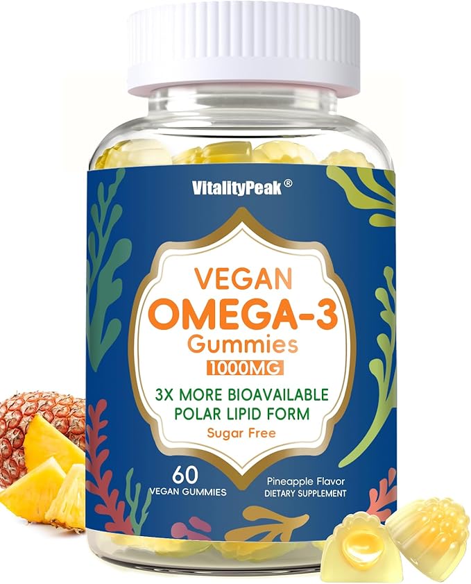 Vegan Omega 3 Gummies 1000mg - Algae Omega 3 Supplement for Women & Men with CoQ10, Vitamin D3, K2 & Turmeric - Fish Oil Alternative for Adults with DHA EPA for Brain, Eye- Sugar Free, 60 Count