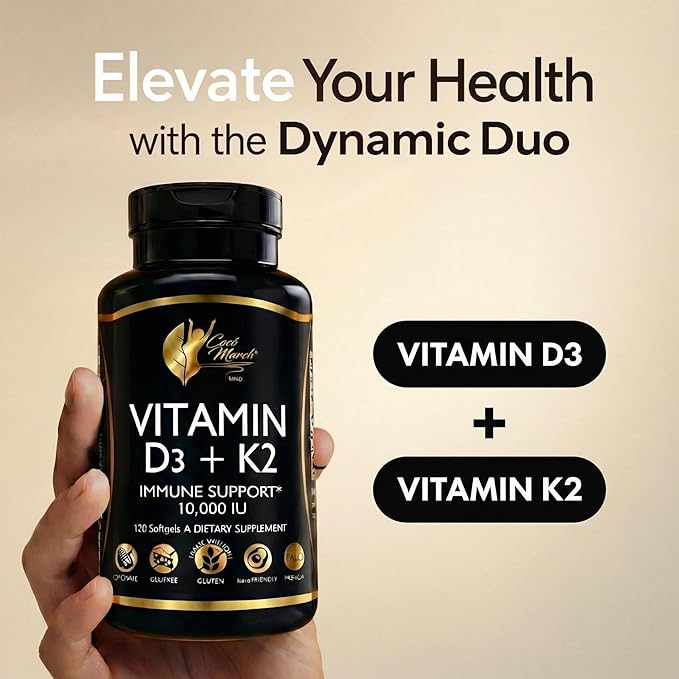 Cocó March N.M.D Vitamin D3+K2 10,000 IU - High Potency Supplement for Women & Men, Immune Support, Bone & Joint Health - Gluten-Free, Non-GMO, 4 Month Supply, 250 mcg D3, 180 mcg of Vitamin K2