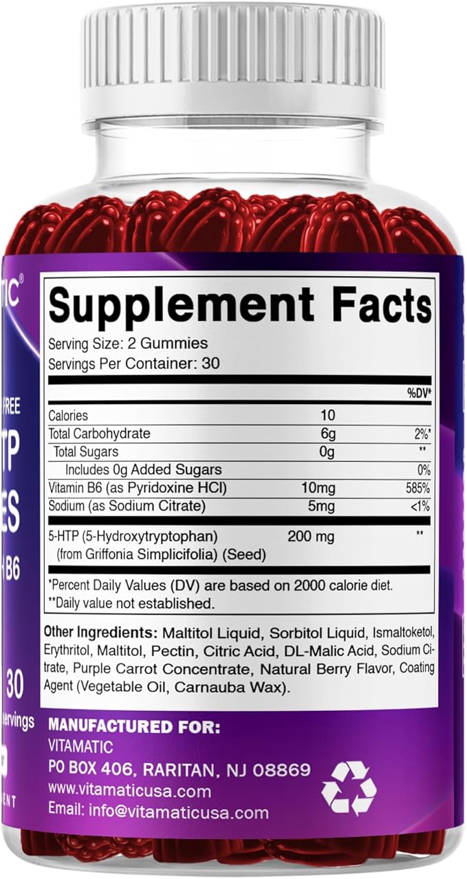 Vitamatic Sugar Free 5-HTP 200mg Gummies with B6 – 60 Pectin-Based Gummies – Mood Support & Stress Relief