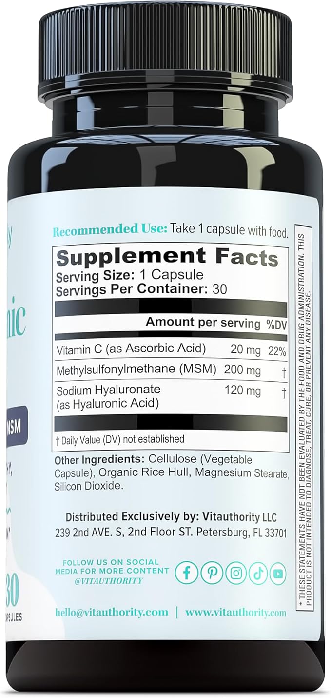 Hyaluronic Acid Capsules with MSM & Vitamin C | 120mg Sodium Hyaluronate | Skin Hydration, Elasticity & Collagen Support | Vegan, Non-GMO, Antioxidant Beauty Supplement 30 Servings