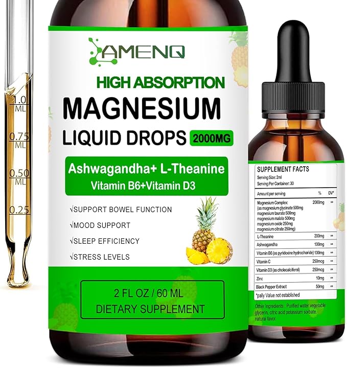Liquid Magnesium Supplement, Organic 5-in-1 Magnesium Complex Drops 丨 Glycinate, Taurate, Oxide, Malate, Citrate w/L-Theanine, Ashwagandha for Cortisol, Sleep*, Stress, Muscle,