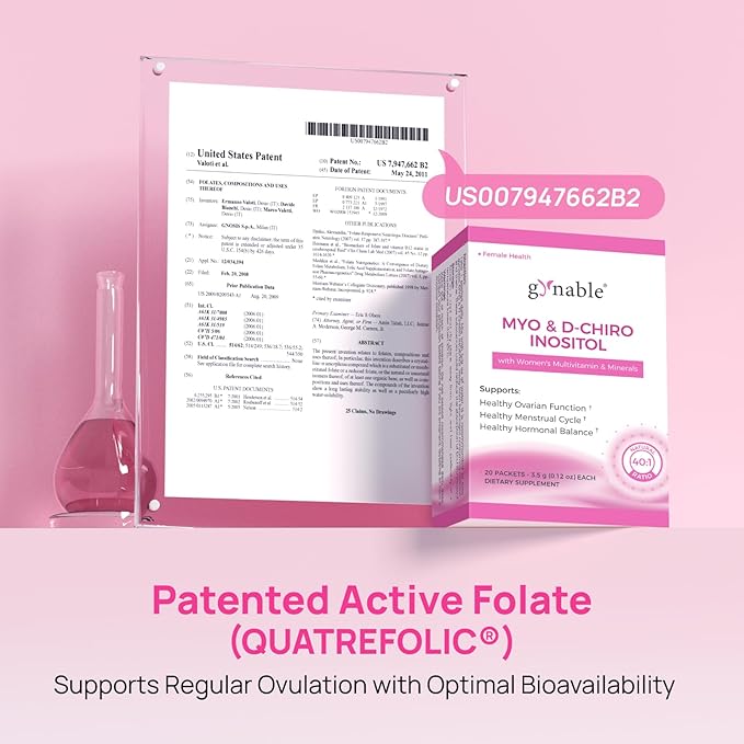 Gynable Pregina Myo-Inositol & D-Chiro Inositol Powder for Women - PCOS Fertility Support, Hormonal Balance, Regular Cycles | Patented Active Folic Acid, Vegan, Gluten-Free (30 Servings, Peach)