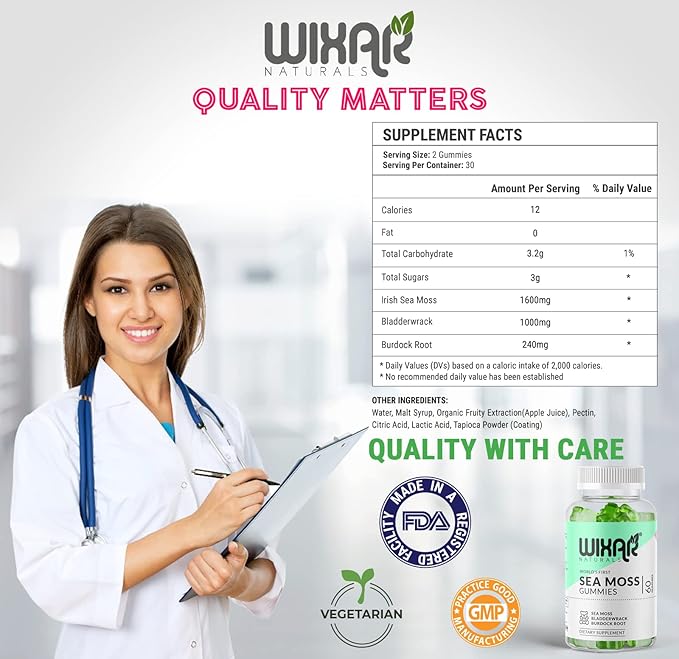 WIXAR NATURALS Sea Moss Gummies - Natural Irish Sea Moss and Bladderwrack with Burdock Gummy - 60 Gummies - Vegan - Healthy Immune, Gut & Overall Wellness Support - Herbal Alkaline Supplements