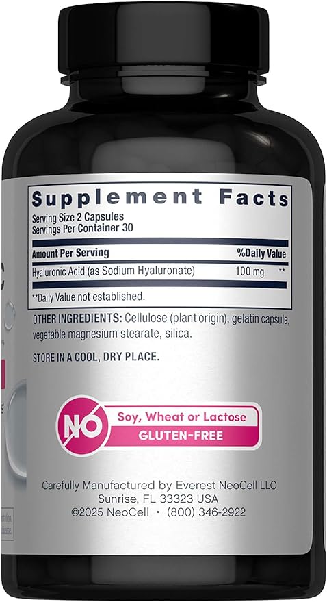 NeoCell Hyaluronic Acid Capsules | 60 Pills | 100mg | Advanced Formula Supplement | Skin Hydration & Suppleness