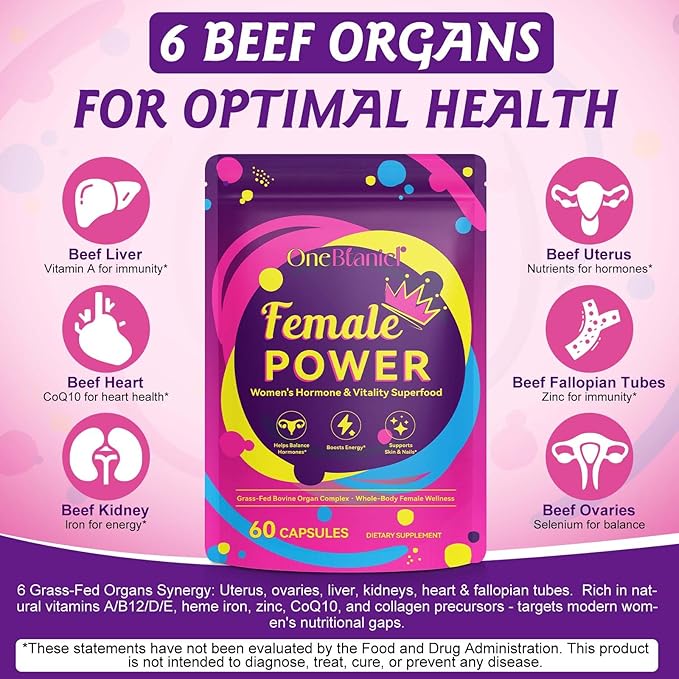 Beef Organ Supplement for Women, Natural Grass Fed Beef Liver Capsules,Supports Feminine Hormone Balance, Menstruation, Immunity, Skin, Collagen, B12, Energy & Wellness - 60 (1)