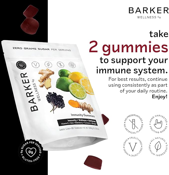 Barker Wellness Immunity Gummies with Vitamin C, Zinc, Elderberry, Turmeric & Ginger for Daily Immune Support | Vegan, Sugar-Free, Lemon-Lime Flavor | Seasonal Wellness Essentials, 60 Count