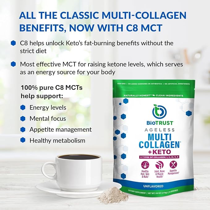 BioTrust Multi Collagen Protein Powder + Keto MCT Oil – 5 Types (I, II, III, V, X) & 100% Caprylic Acid C8 - Support Elevated Ketones, Metabolism, Joints & Beauty All in 1 Collagen Powder (Unflavored)