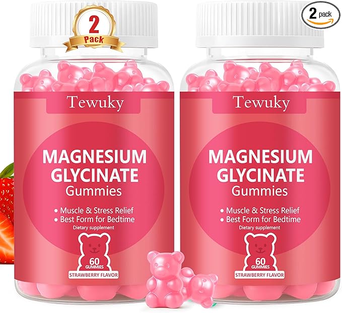 Magnesium Glycinate Gummies 2 Bottles, Sugar-Free for Adults & Kids, Magnesium Gummy for Relaxation, Stress & Muscle Relief, Supports Bone & Nerve Health, Vegan, Pectin-Based, Strawberry Flavor