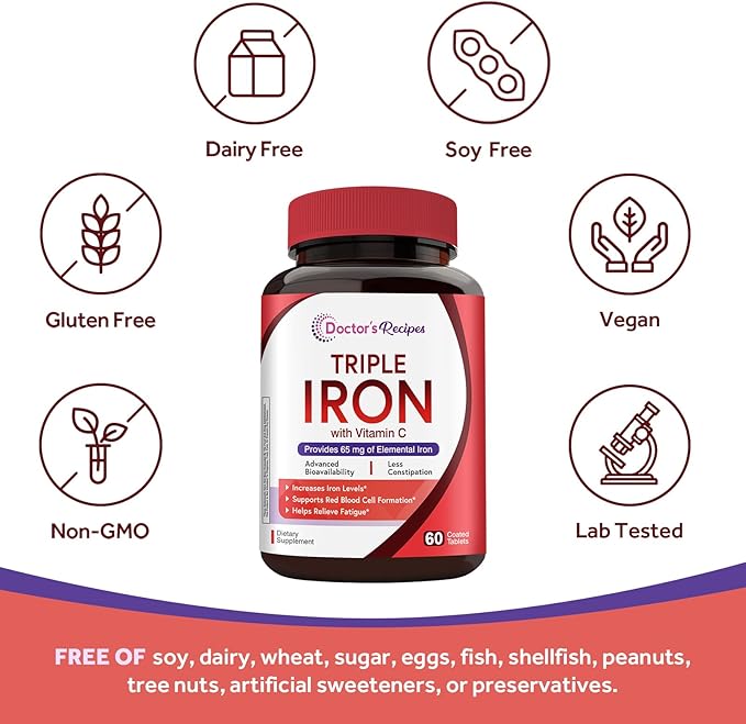 Doctor's Recipes Iron Supplement for Women & Men, 65mg from Ferrous Bisglycinate Sulfate Carbonyl Iron, Non-Constipating, Vitamin C for Optimal Absorption, Energy, Blood Support, 60 Tabs