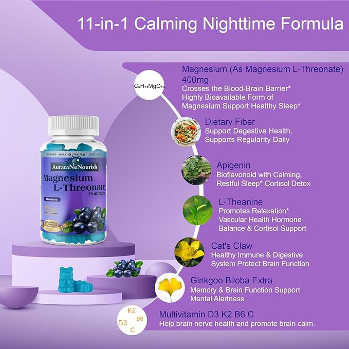 Magnesium L-Threonate Gummies w. Apigenin L-Theanine, Advanced 11-in-1 Magnesium Supplements w. Vitamin D3 K2 B6 for Sleep Cognitive Brain & Relax, High Absortption Magnesium Gummies for Adults & Kids