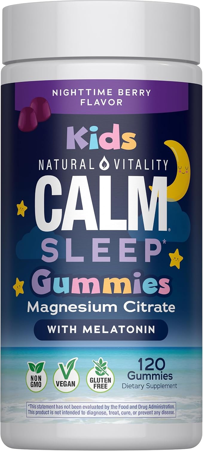 Natural Vitality Calm, Magnesium Citrate Kids Supplement, Stress Relief Gummies, Supports a Healthy Response to Stress, Gluten Free, Vegan, Nighttime Berry, 120 Gummies