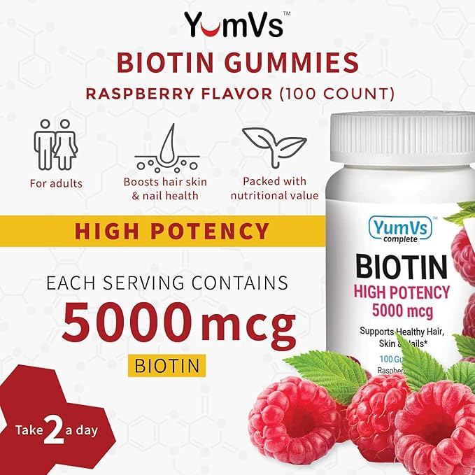 YUM-V's Biotin Gummies – High Potency Biotin Vitamins 5,000 mcg – Natural Raspberry Flavor Hair Vitamins – Kosher Hair Skin and Nails Gummies (100 Count)