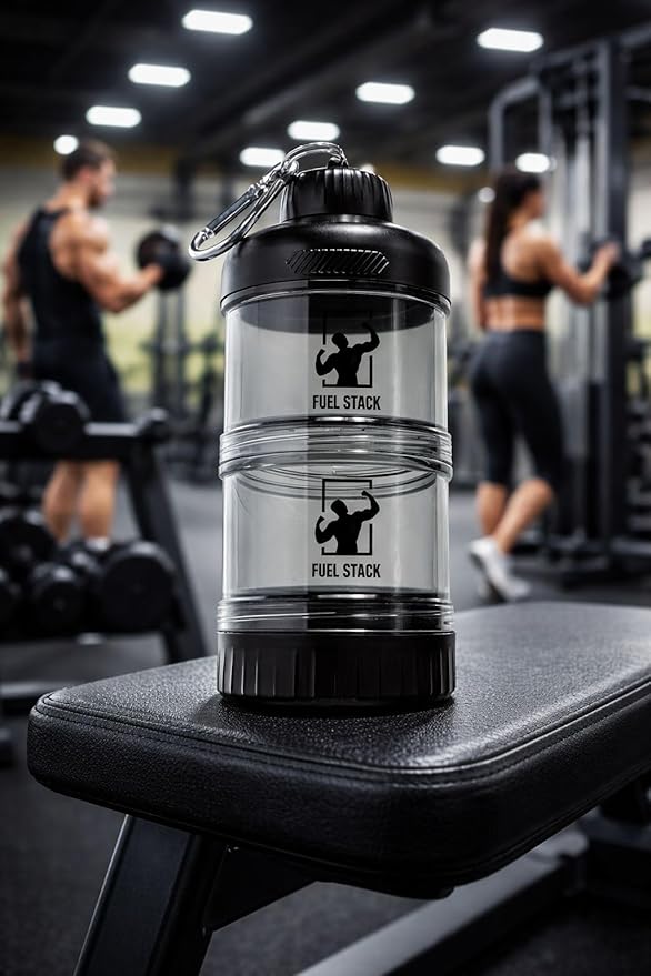 FuelStack Portable Protein Powder Container – Stackable Supplement Storage with Pill Organizer for Gym & Travel (Black)