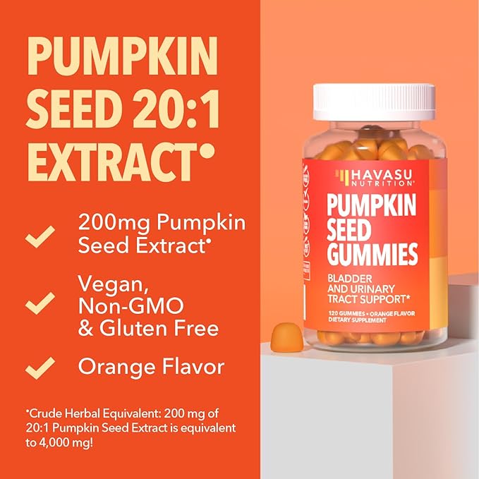 Pumpkin Seed Oil Gummies for Bladder and Urinary Tract Support - 200mg Pumpkin Seed Extract Per Serving - Vegan, Non-GMO, Gluten-Free - Sugar Free Pumpkin Seed Gummies - Orange Flavor, 60 Servings