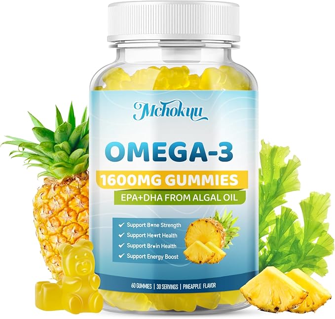 Vegan Omega-3 Gummies 1600mg EPA & DHA from Algal Oil, Fish Oil Alternative for Adults & Kids, Omega 3 Supplement with Vitamin D3 K2 for Brain, Eye & Immune Health Sugar Free Pineapple, 60 Count