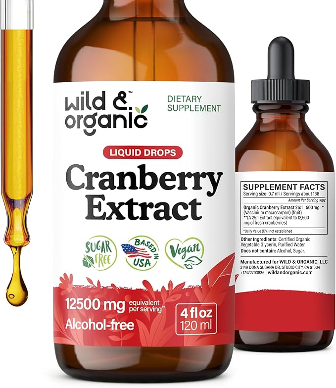 Wild & Organic Cranberry Concentrate Liquid Drops - Urinary Tract Support with Cranberry Supplement for Women & Men - 500 mg Extract per Serving - Vegan, Sugar & Alcohol-Free - 4 fl oz